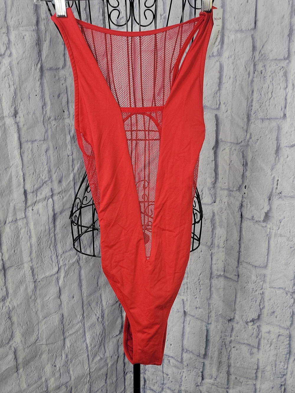Yandy NWT One-Piece Swimsuit Large Red Mesh Plunge Monokini